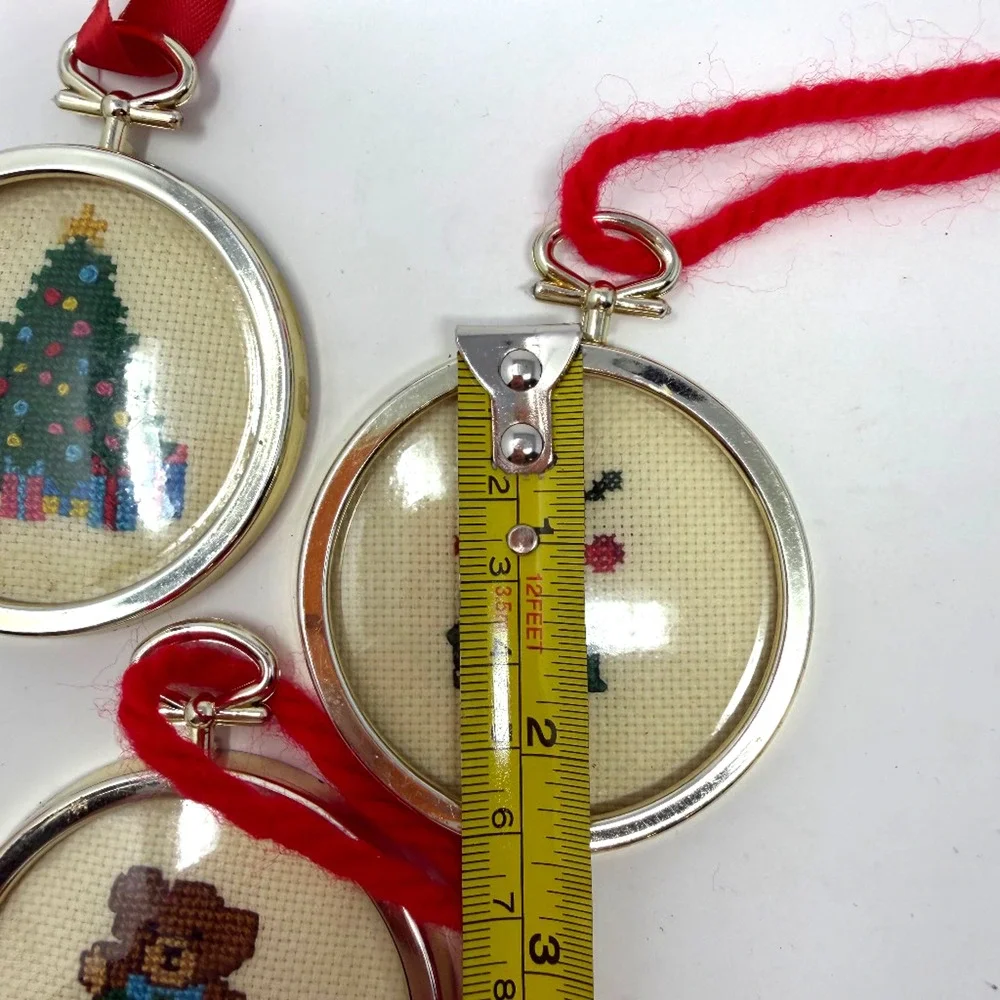 Lot of 5 Handmade Cross Stitch Christmas Ornaments Metal Frames Vintage